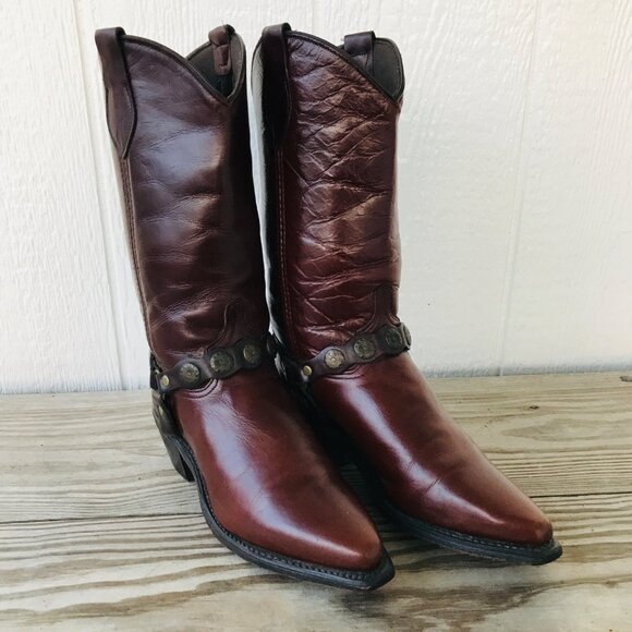 Abilene Womens Dark Brown Concho Harness Cowboy Western Boots 7 M 9042 USA - Picture 2 of 11